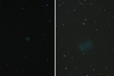 Planetarische Nebel erscheinen erst im Teleskop flächig (links M 57 in der Leier und rechts M 27 im Füchschen, jeweils bei 2250 mm Brennweite), im Fernglas sind sie klein und nur schwer von Sternen zu unterscheiden.